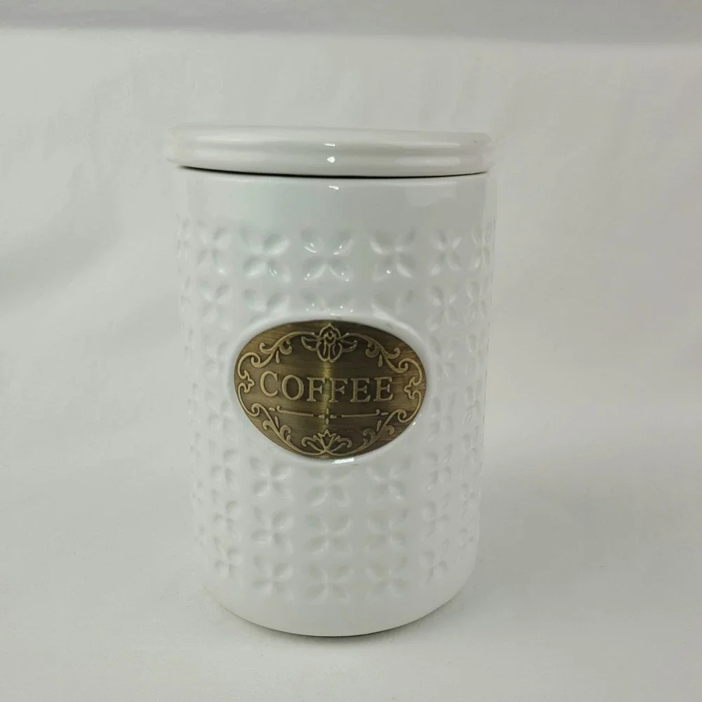THL White Ceramic Coffee Canister Embossed Quatrefoil Brass Plaque Farmhouse